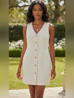 NWT BeBop Cream Boucle Tweed Sleeveless Mini Dress Button Front Size Small